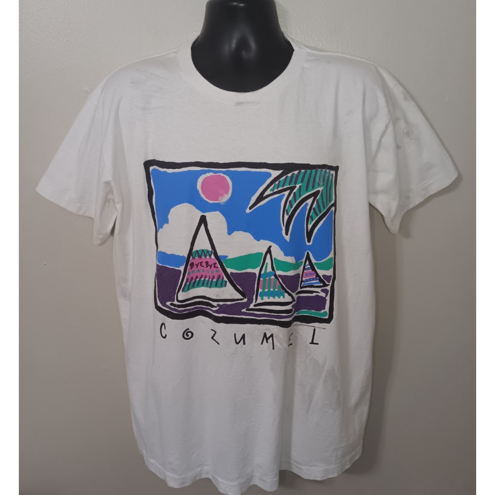 Vintage 80s Cozumel Adult XL T-shirt Single Stitch Tee 1989 Bye-Bye Distressed - Picture 1 of 12